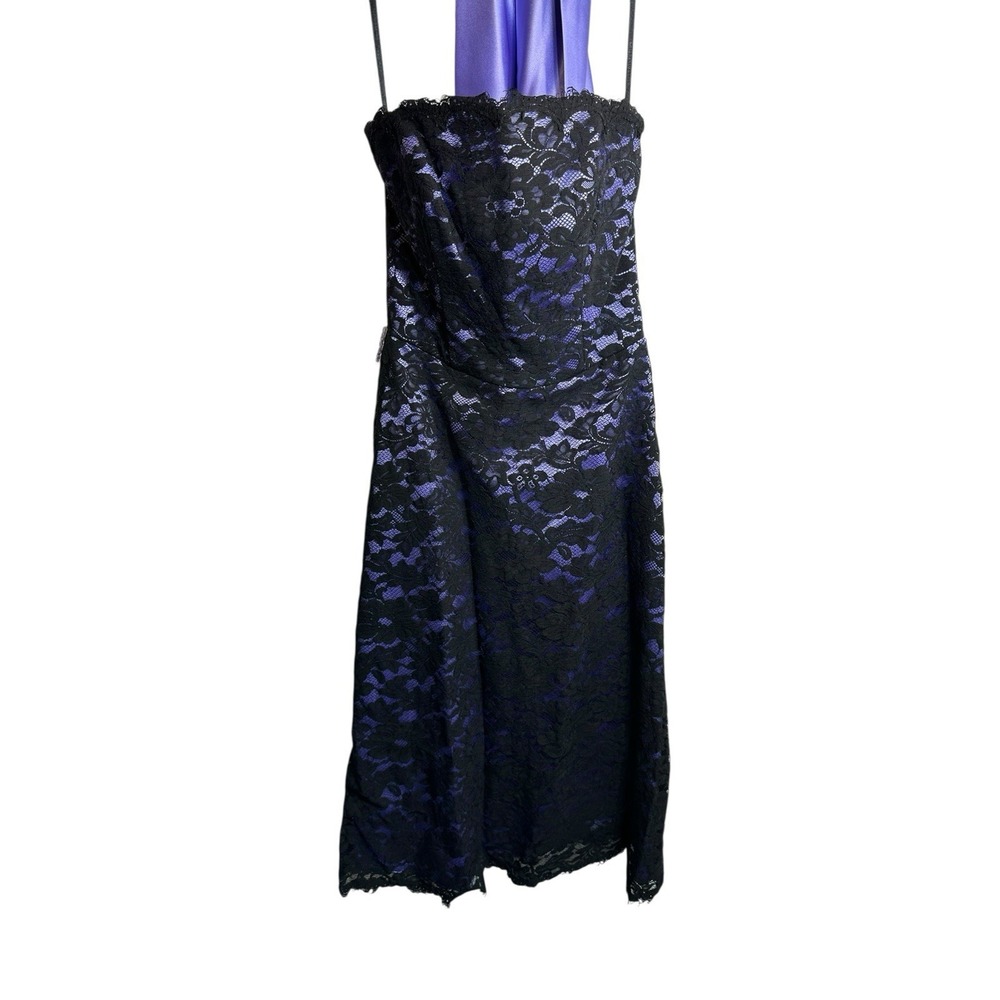 Dessy Collection Vivian Diamond Black Lace Purple‎ Strapless Cocktail Dress SZ 4
